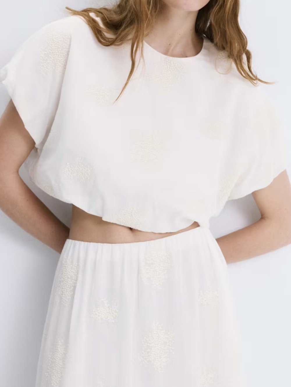 Mango White Crop Top with Cream Embroidered Dots COTTON BLOUSE 7149